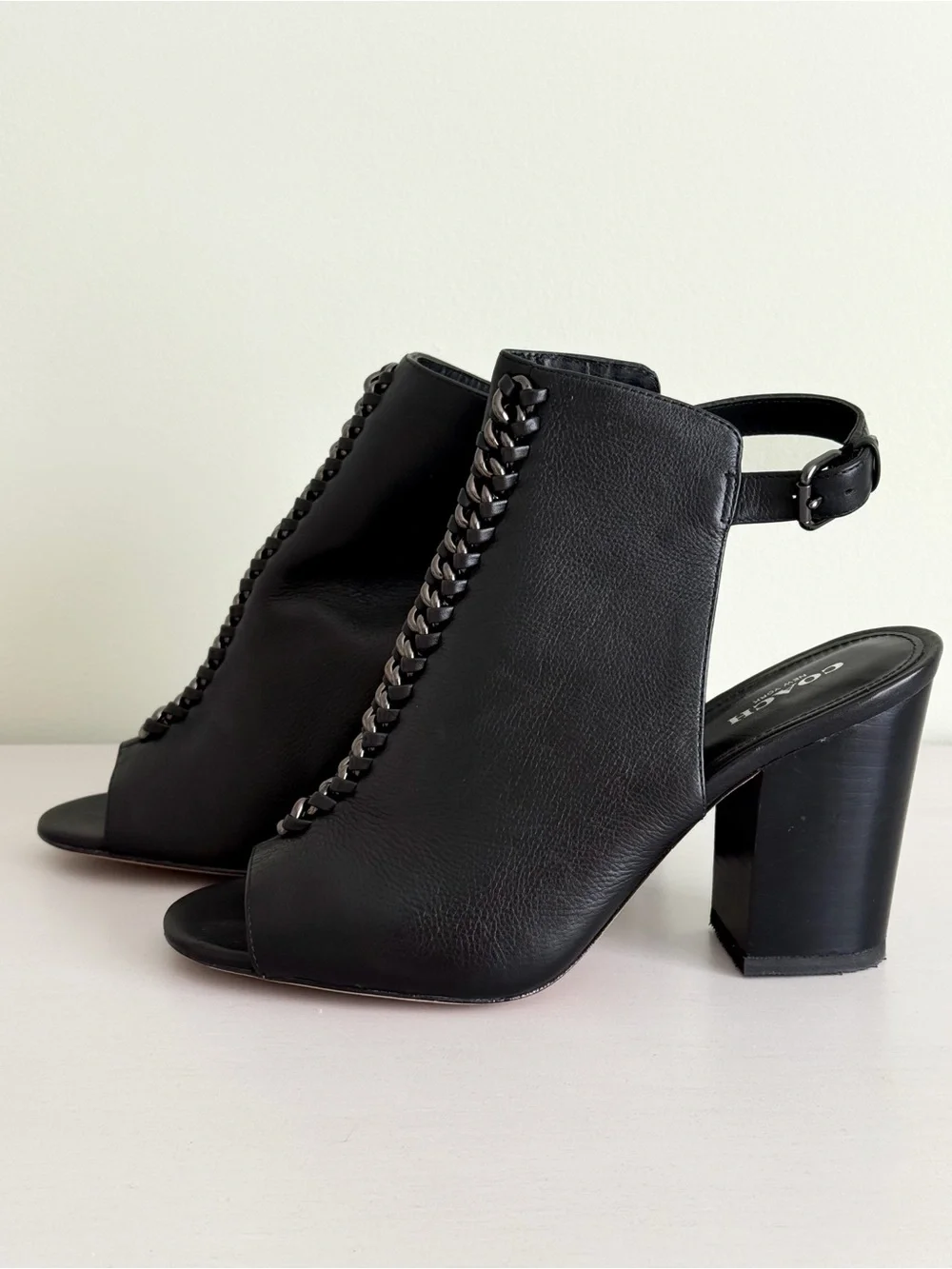 COACH Black Leather Chain-Trim Open-Toe Block Heel Sandals